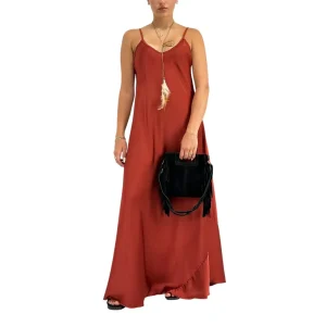Bassini Abito Donna Terra di Siena Modello Sottoveste con Spallini e Collana Piuma Inclusa