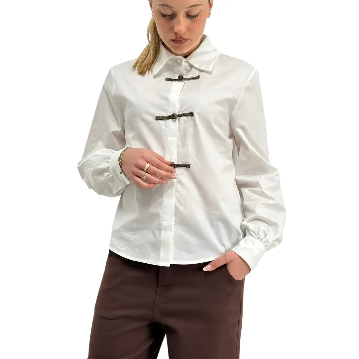 Kontatto, Camicia con Alamari, Donna, Cotone, Bianco - immagine 4