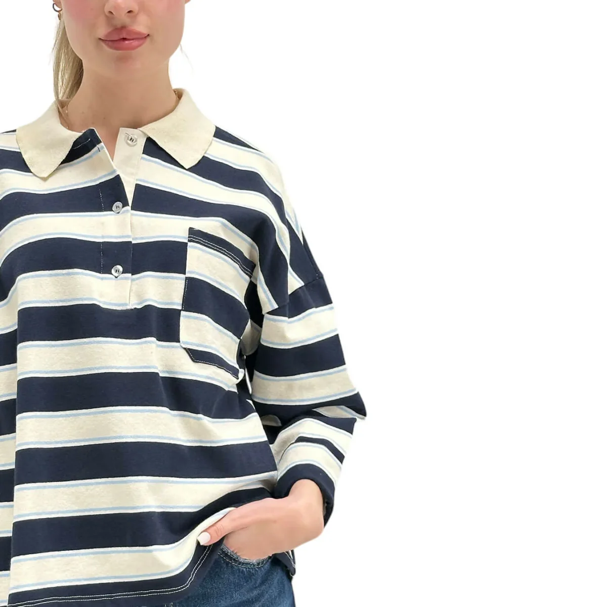 Kontatto Maglia Donna, Polo a Righe, Over, Cotone, Blu e Panna - immagine 5