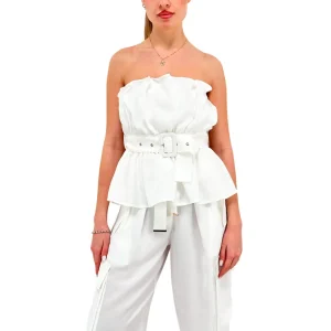 Koralline Maglia Donna, Top Volant, Cintura, Bianco