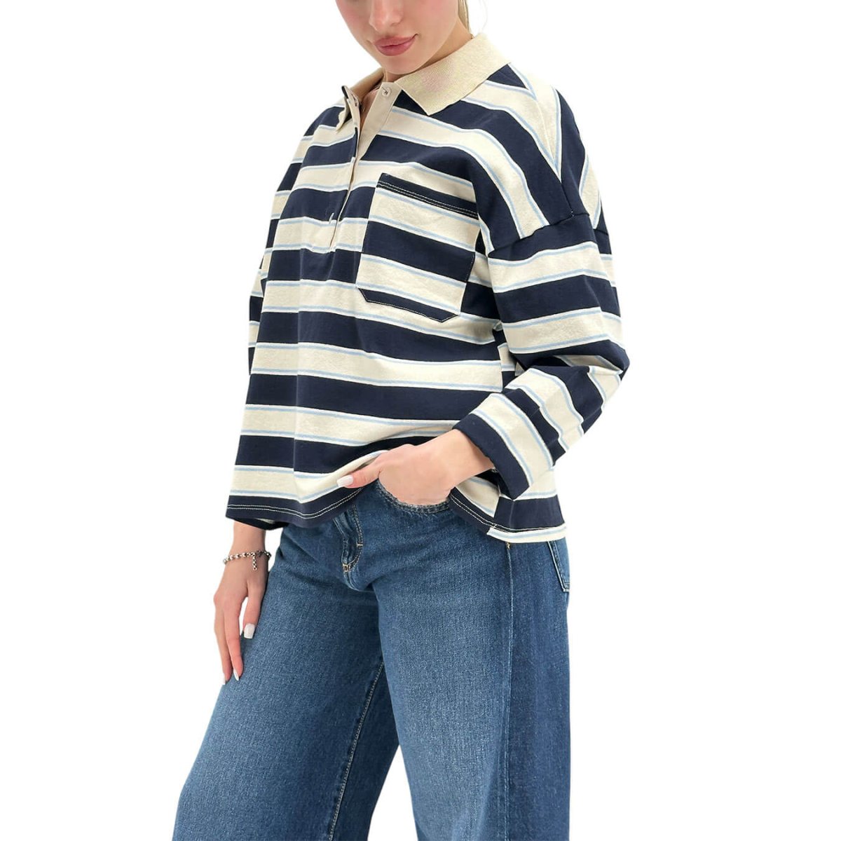 Kontatto Maglia Donna, Polo a Righe, Over, Cotone, Blu e Panna - immagine 4