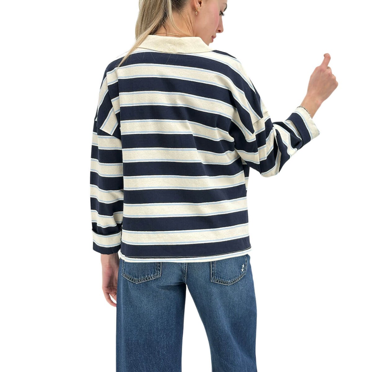Kontatto Maglia Donna, Polo a Righe, Over, Cotone, Blu e Panna - immagine 6
