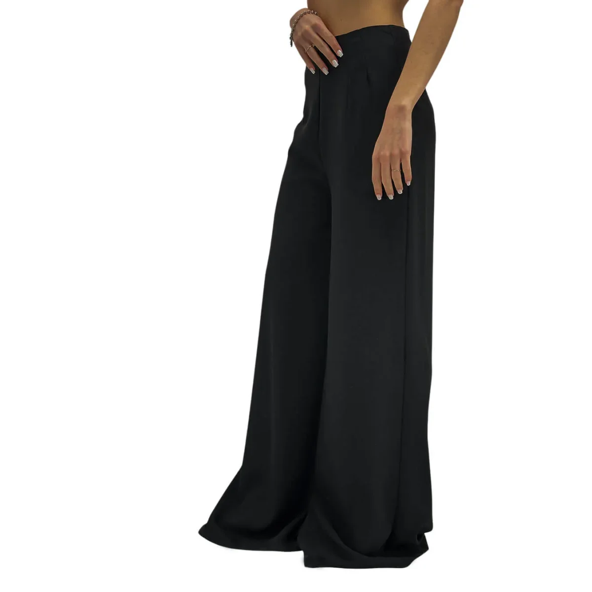 Koralline Pantaloni Palazzo Donna, Fondo Largo, Satin, Nero - immagine 3