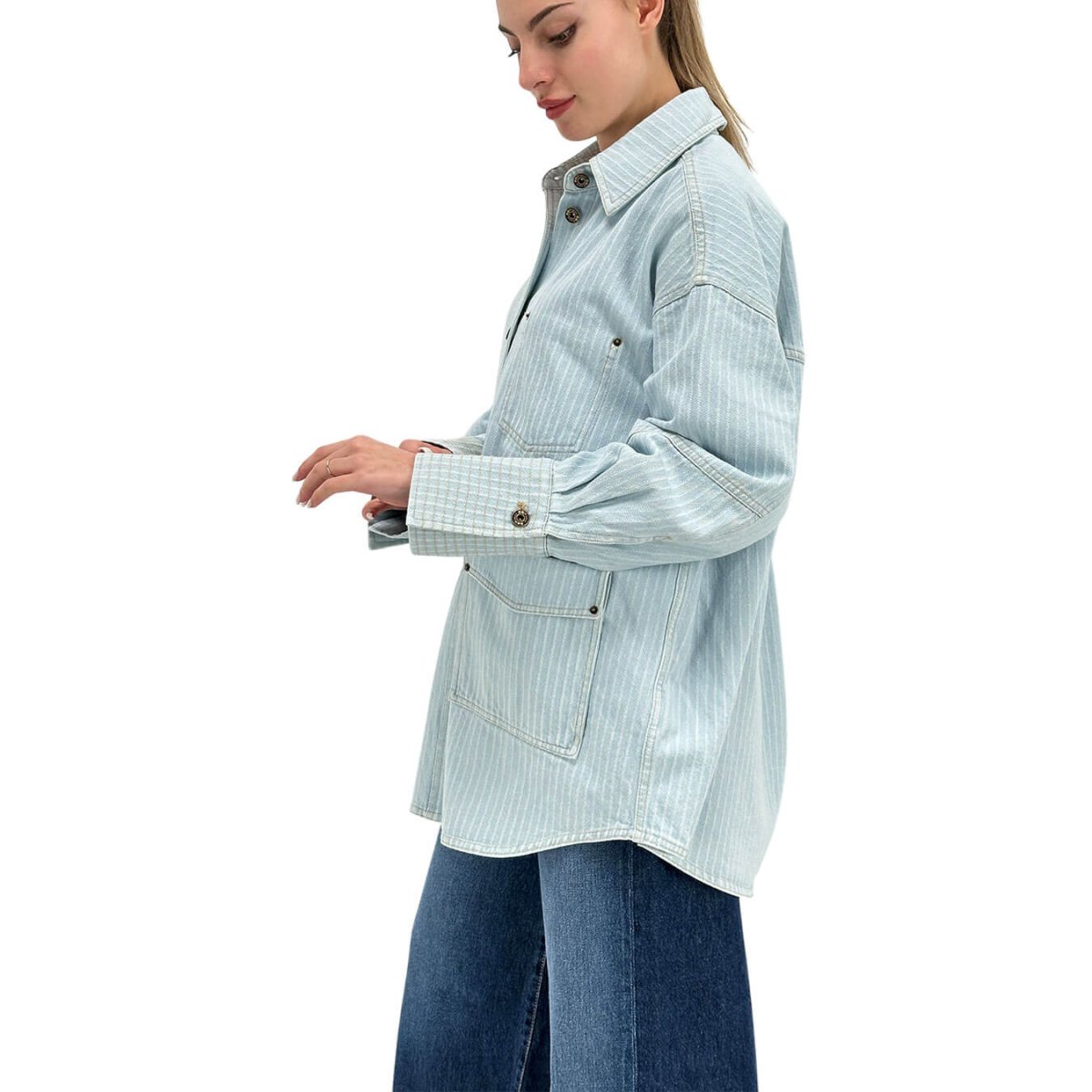 Oof Wear Camicia Donna, Denim Gessato, Cotone, Celeste - immagine 4