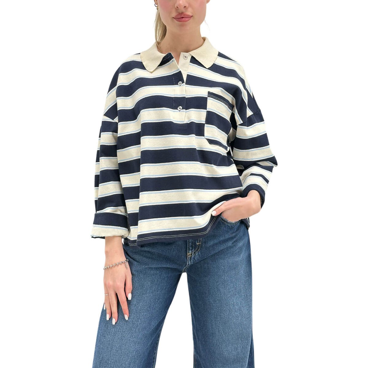 Kontatto Maglia Donna, Polo a Righe, Over, Cotone, Blu e Panna - immagine 2
