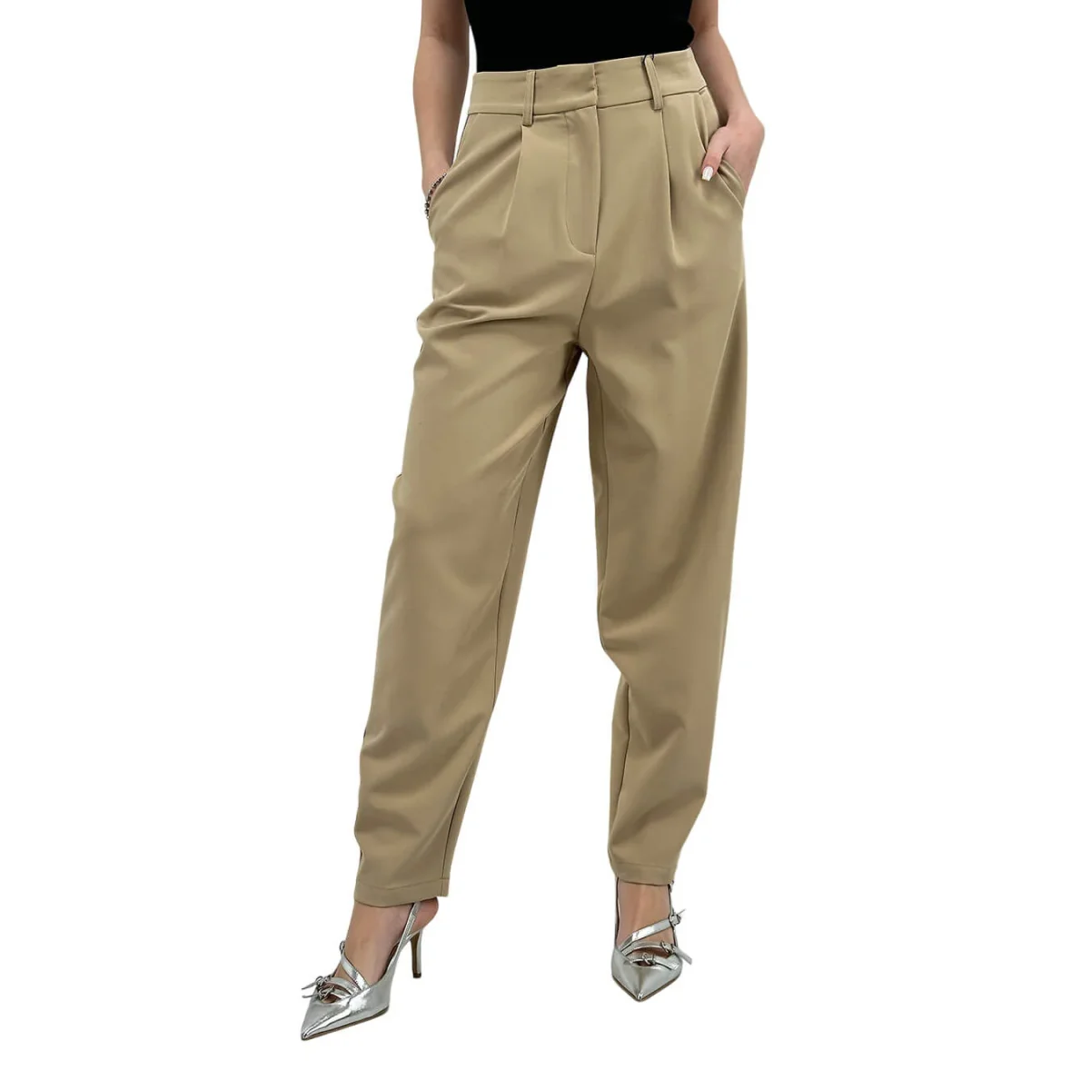 Koralline Pantaloni Cargo Donna, Pieghe Frontali, Beige - immagine 2